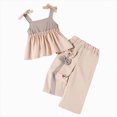 thumbnail image 1 of TOWED22 Toddler Baby Girl Outfits Sleeveless Smocked Strap Camisole Linen Pants Bow Baby Summer Clothes(Khaki,12-18 M), 1 of 9