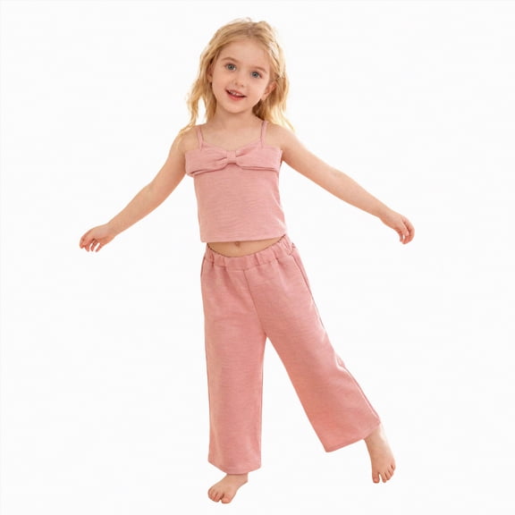 TOWED22 Toddler Baby Girl Smocked Outfit Ruffle Halter Shirt Flared Pants Set Toddler Bell Bottom Outfit Summer Clothes(Pink,3-4 Y)