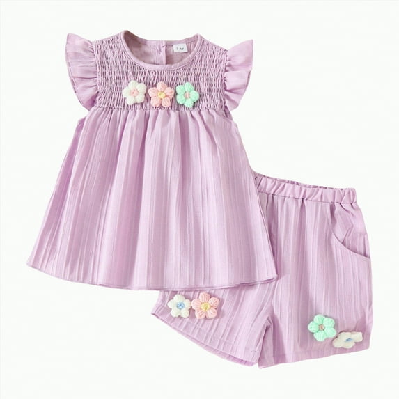 TOWED22 Toddler Baby Girl Summer Clothes Ruffle Sleeve Cartoon T Shirt Linen Short Sets with Belt Cute Outfits(Blazer,2-3 Y)