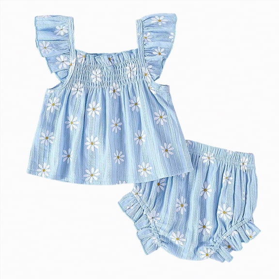 TOWED22 Toddler Baby Girl Summer Clothes Ruffled Sleeve Ribbed Knit T-Shirt Tops Cute Floral Shorts Set 2Pcs Outfits 2-8Y(Blazer,0-3 M)