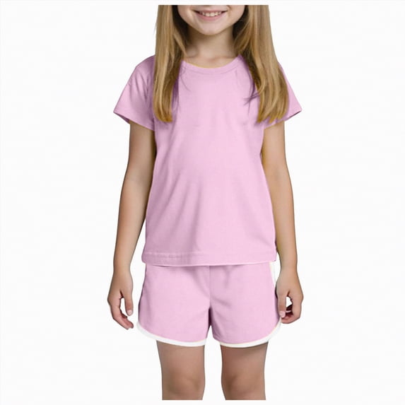 TOWED22 Toddler Baby Girl Summer Outfit Bow Embroidery Short Sleeve T-Shirt Plaid Ruffle Shorts Set Little Girls Clothes Pink,4-5 Y
