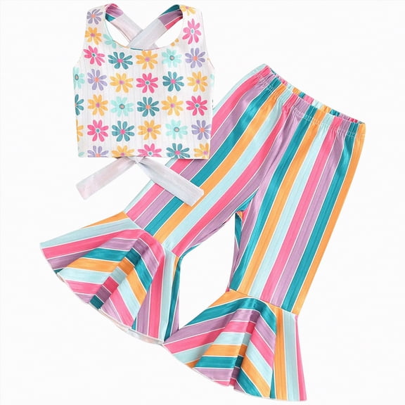 TOWED22 Toddler Baby Girl Summer Outfits 2 Piece Sleeveless Floral Embroidered Camisole Long Pants Clothes(White,18-24 M)