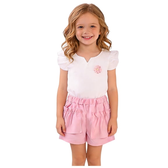 TOWED22 Toddler Baby Girl Summer Outfits 2Pcs Clothes Set Cute Butterfly Graphic T-Shirt and Ruffled Shorts(Pink,3-4 Y)