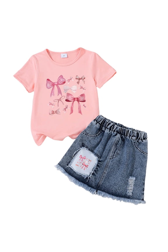Toddler Baby Girls Butterfly Outfit Short Sleeve Bow Print Tops T-Shirt + Skirt Dress Shorts Summer Two Piece Clothes Set(T,3-4 Y)