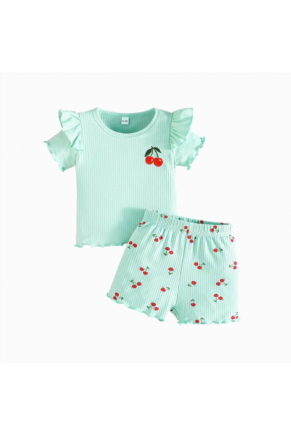 Toddler Baby Girls Clothes Ruffle Short Sleeve T-Shirt and Cherry Shorts Sets Summer 2 PCS Outfits(Green,12-18 M)