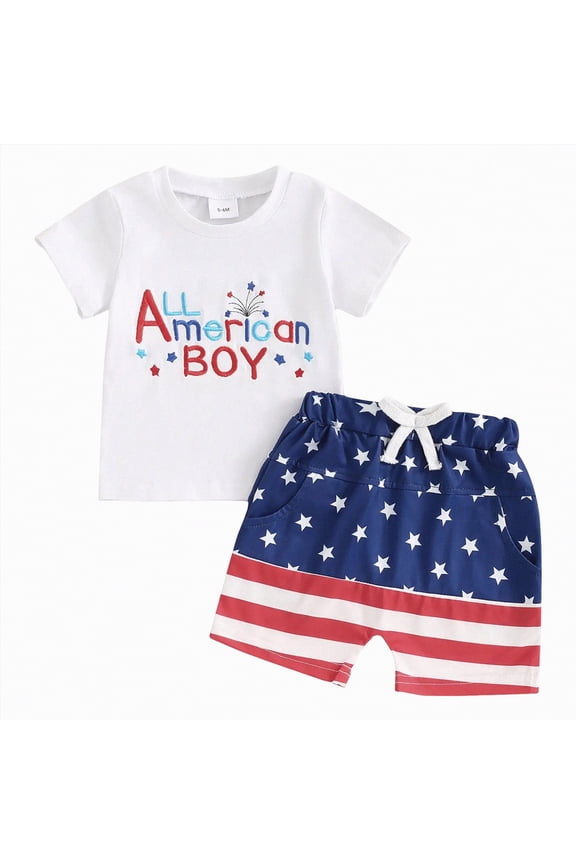 Toddler Boy 4th of July Outfits 2pcs American Flag T-Shirt USA Print Shorts Set Patriotic Summer Clothes 3M-5T(Sky Blue,2-3 Y)