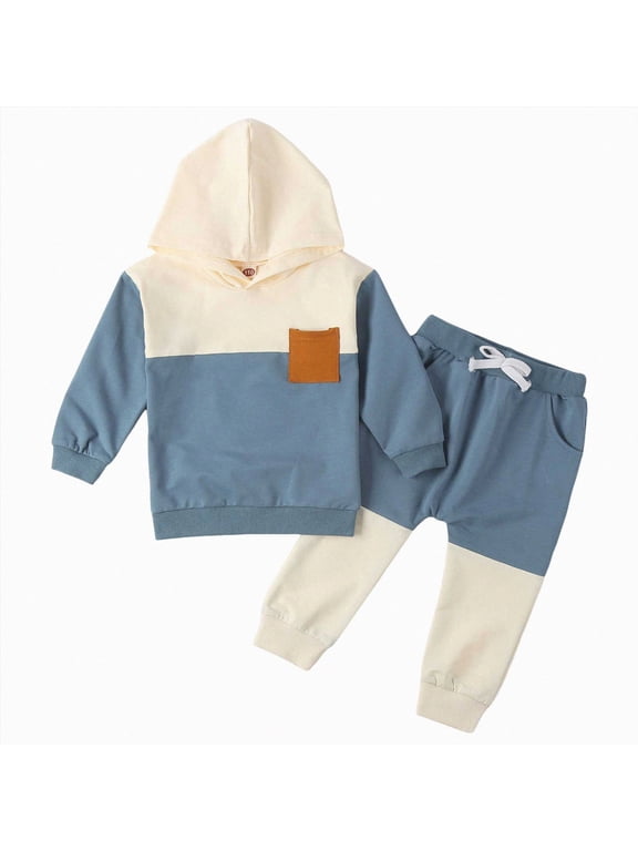 Toddler Boy Clothes Color Block Hoodie+Pants kids Sweatsuit Baby Boys Outfits 2Pcs Sets,Blue,18-24 M