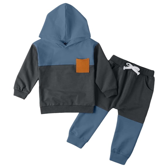 TOWED22 Toddler Boy Clothes Long Sleeve Hoodie Sweatsuits Tops and Pants Boys Fall Winter Color Block Outfits Set,Grey,6-12 M