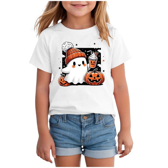 TOWED22 Toddler Boy Girls Halloween Shirt Pumpkin Ghost Tops Kids Outfits Short Sleeve Tshirt,White,10-11 Y