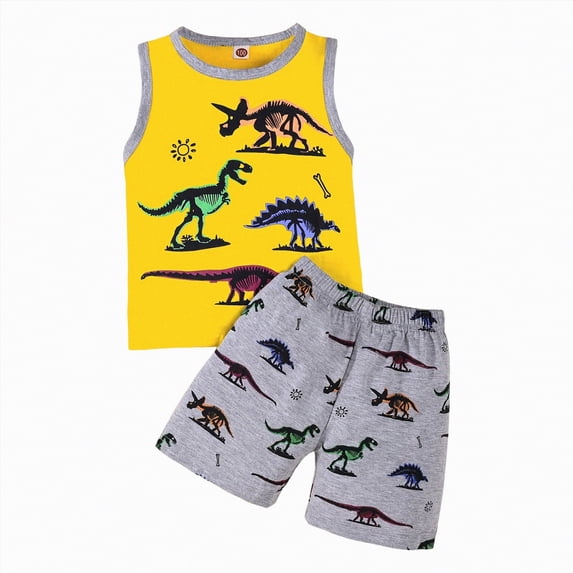 TOWED22 Toddler Boy Summer Clothes 2pcs Outfits Sleeveless Tee Tank + Cute Cartoon Print Drawstring Shorts Breathable Set(Yellow,12-18 M)