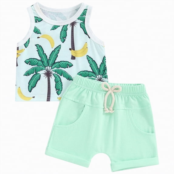 TOWED22 Toddler Boy Summer Outfits 2pcs Soft Cotton Sleeveless Tee Tank + Print Drawstring Shorts Clothes Set(Light Green,2-3 Y)