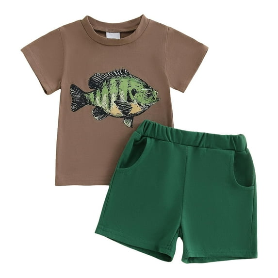 TOWED22 Toddler Boy Summer Outfits 3T 4T 5T Dinosaur Print 2Pcs Short Sleeve Shirt and Elastic Shorts Clothes Set(Green,6-12 M)