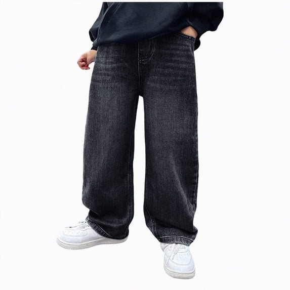 TOWED22 Toddler Boys' Cargo Jeans Streetwear Style Loose Straight Leg Washed Elastic Waist Denim Pants(Black,10-11 Y)