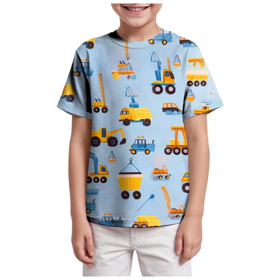 TOWED22 Toddler Boys Dinosaur Shark T-Shirts Short Sleeve Car Excavator Graphic Tees(Blue,4-5 Y)