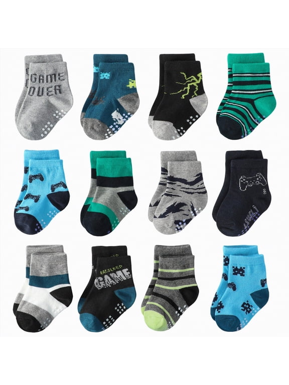 Toddler Boys Girls Athletic Socks Multi Pack, Cushioned Crew Socks for Everyday Play, Fun Colorful Patterns Black,3Y