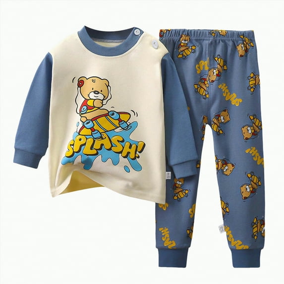 TOWED22 Toddler Boys Girls Cotton Pajamas Set Kids Thermal jammies Toddler Winter Solid Color Car Print Long Sleeve Home Wear Baby Clothes Suit Navy,2-3 Y