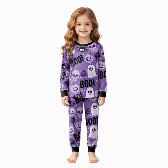 TOWED22 Toddler Boys Halloween Pumpkin Pajamas Cotton Cute Ghost Print Pjs for Boy Jammies Little Kids Skeleton Skull Sleepwear Clothes Sets(Dark Purple,6-7 Y)