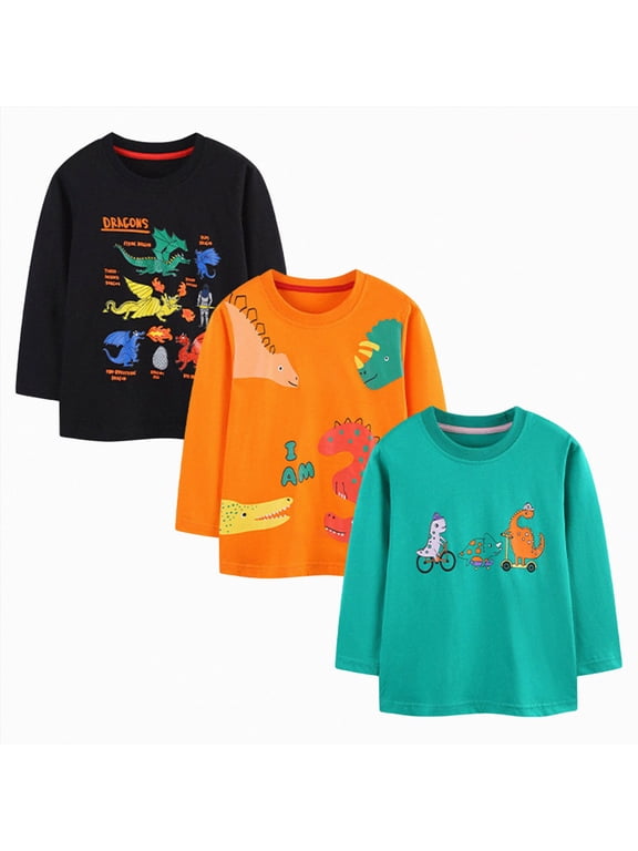Toddler Boys Long Sleeve Shirts Cotton Dinosaur T-Shirts Tops Tee Clothes 3 Pack,Multicolour,2-3 Y