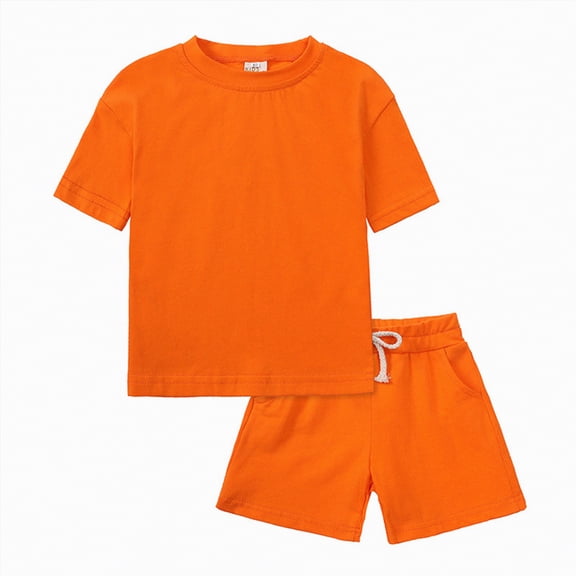 TOWED22 Toddler Boys Summer Outfit Letter Print Crew Neck Short Sleeve T-Shirts Elastic Waist Shorts 2Pcs Outfits(Orange,12-24 M)