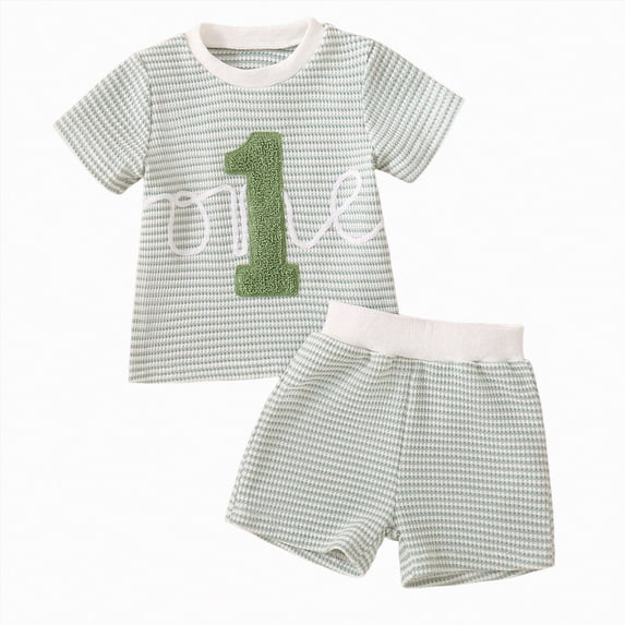 TOWED22 Toddler Boys Summer Outfits Embroidery Short Sleeve Shirt and Striped Shorts Sets 2Pcs Summer Clothes Set(Green,18-24 Months)