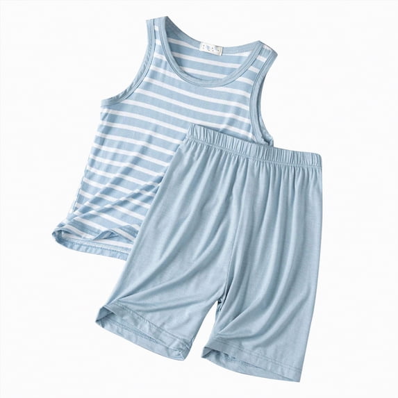 TOWED22 Toddler Boys Summer Outfits Sleeveless Solid Color T-Shirt Shorts Set Boy 2 Piece Clothes Light Blue,5-6 Y