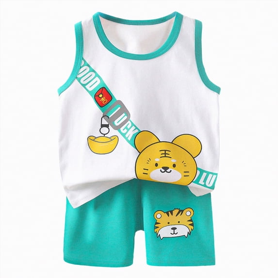 TOWED22 Toddler Boys Summer Outfits Sleeveless Tropical Print Tank Top Elastic Waist Shorts 2Pcs Green,6-9 M