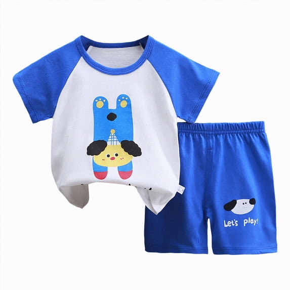 TOWED22 Toddler Girl Boys Kids Shorts Set Clothes 2pcs Summer Graphic Short Sleeve Round Neck Tee Shirt Pull on Shorts(Blue,18-24 M)