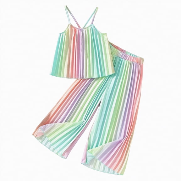 TOWED22 Toddler Girl Clothes 2pcs Summer Outfits Sleeveless Floral Print Camisole Wide Leg Long Pants(Green,6-7 Y)