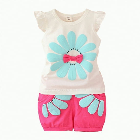 TOWED22 Toddler Girl Clothes Baby Summer Spring Outfits Cute Bow Button Smocked Ruffle Sleeve Tops + Girls Shorts Set(Blazer,3-4 Y)