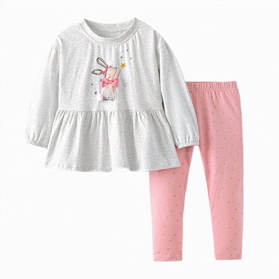 TOWED22 Toddler Girl Clothes Girl 2pcs Fall Winter Outfit Ruffle Hem Top and Print Patterned Pants,Light Gray,6-7 Y