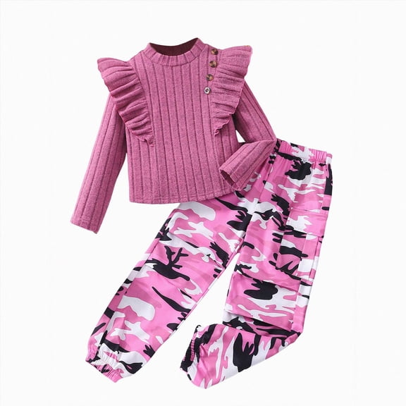 TOWED22 Toddler Girl Clothes Long Sleeves Ruffle Top Jogger Pants Cute Fall Winter Casual Toddler Outfits,Pink,6-7 Y