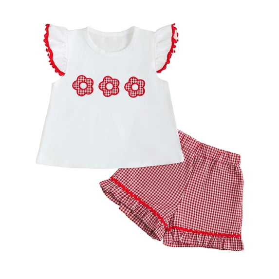 TOWED22 Toddler Girl Clothes Summer 2Pcs Outfits Flutter Sleeve Gingham Blouse and Ruffle Shorts Set 2-6Y(Red,2-3 Y)