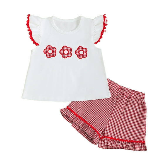 TOWED22 Toddler Girl Clothes Summer 2Pcs Outfits Flutter Sleeve Gingham Blouse and Ruffle Shorts Set 2-6Y(Red,6-12 M)