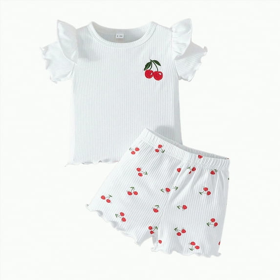 TOWED22 Toddler Girl Clothes Summer Outfit Set Ruffle Sleeve Top and Shorts Soft Stretchy 2 Piece 12M-4T(White,18-24 M)