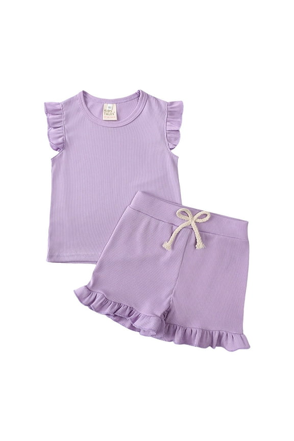 Toddler Girl Summer Outfits 2 Piece Set Flutter Sleeve Tee Floral Print Shorts Cute Casual Playwear 12M-5T Light Purple,9-12 M
