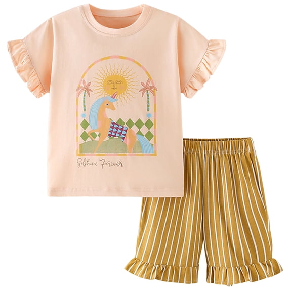 TOWED22 Toddler Girl Summer Outfits 2Pcs Clothes Fruit Graphic T-Shirt + Elastic Waist Denim Shorts 12M-4T(Beige,5-6 Y)