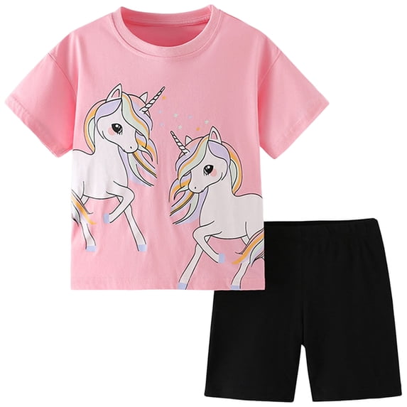 TOWED22 Toddler Girl Summer Outfits 2Pcs Clothes Fruit Graphic T-Shirt + Elastic Waist Denim Shorts 12M-4T(Pink,7-8 Y)