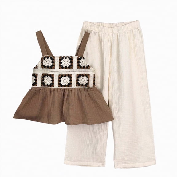 TOWED22 Toddler Girl Summer Outfits Eyelet Embroidery Cami Tops   Plaid Print Wide Leg Pants 2 Pcs Infant Girl Clothes Set(Brown,2-3 Y)