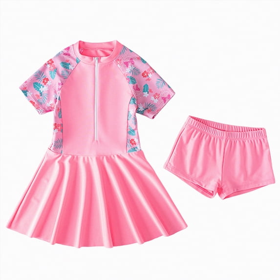 TOWED22 Toddler Girl Swimsuit One Piece Rash Guard Bathing Suit Little Girls Short Sleeve Quick Dry Swimwear 1-7 Years Pink,9-10 Y