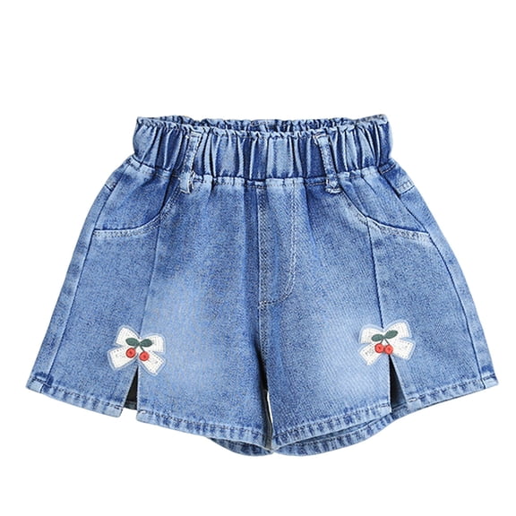 TOWED22 Toddler Girl's Cute Graphic Print Denim Shorts Elastic Waist Raw Hem Jean Shorts(Red,4-5 Y)