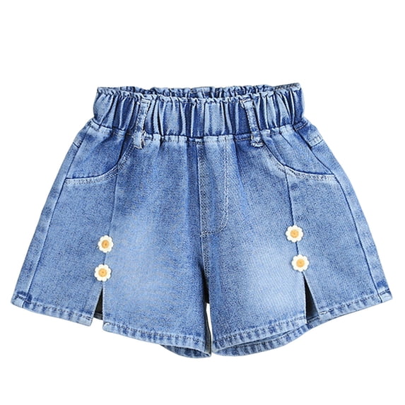 TOWED22 Toddler Girl's Cute Graphic Print Denim Shorts Elastic Waist Raw Hem Jean Shorts(Yellow,6-7 Y)