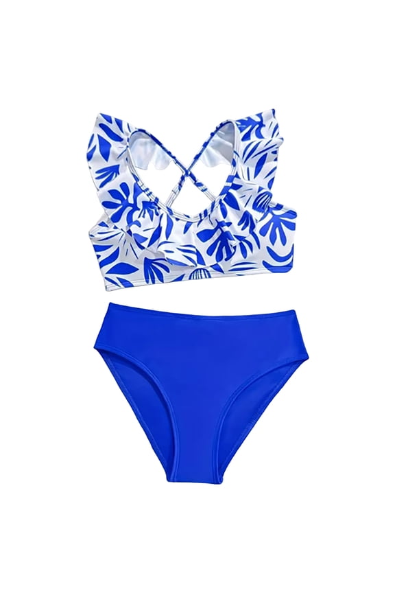 Two-Pieces Girls Swimsuit Watermelon Printed Bikini Sets Ruffle Girls Bathing Suit(Blue,4-5 Y)