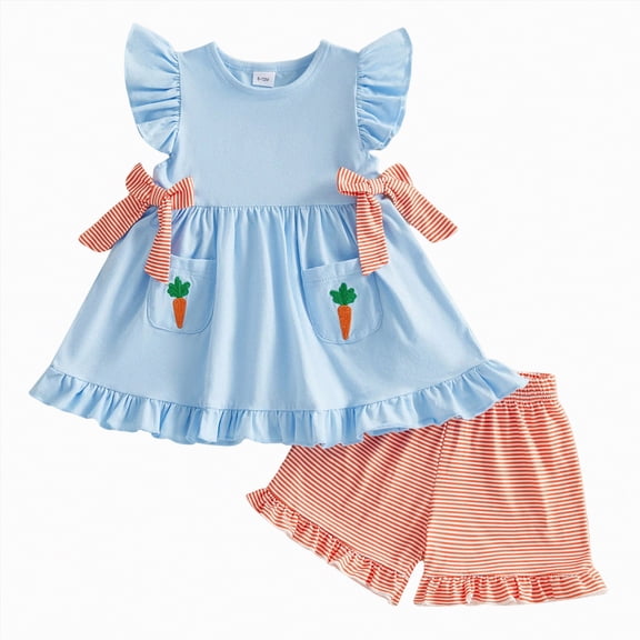 TOWED22 Toddler Girl's Summer Clothes Short Sleeve Tops and Shorts 2 Piece Set Cute Vacation Outfits(Blue,18-24 M)