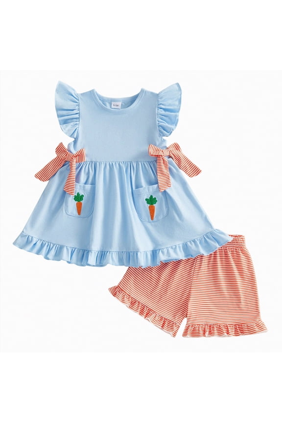 Toddler Girl's Summer Clothes Short Sleeve Tops and Shorts 2 Piece Set Cute Vacation Outfits(Blue,18-24 M)