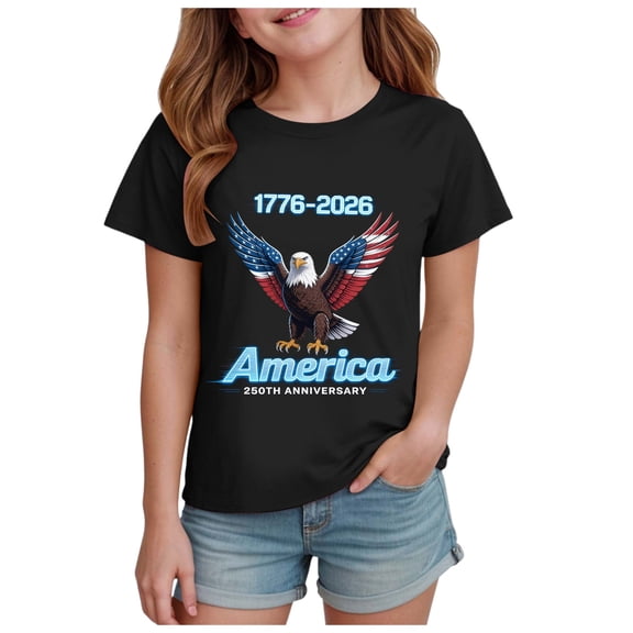 TOWED22 Toddler Girls 4th of July Shirts American Flag Graphic Tee Tops Short Sleeve Patriotic Tshirts for Kids(Black,7-8 Y)