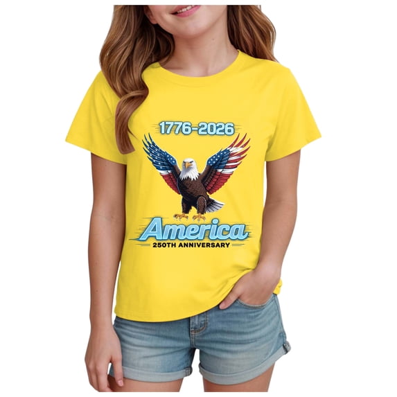 TOWED22 Toddler Girls 4th of July Shirts American Flag Graphic Tee Tops Short Sleeve Patriotic Tshirts for Kids(Yellow,1-2 Y)