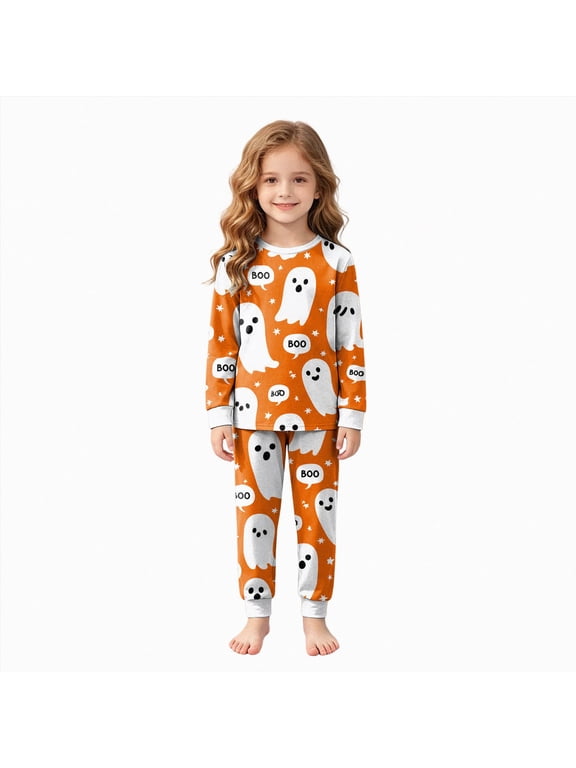 Toddler Girls Boys Halloween Skeleton Pajamas Sets Kids Cute Pumpkin Sleepwear Boys Halloween Ghost 2 Pcs PJS(Orange,2-3 Y)