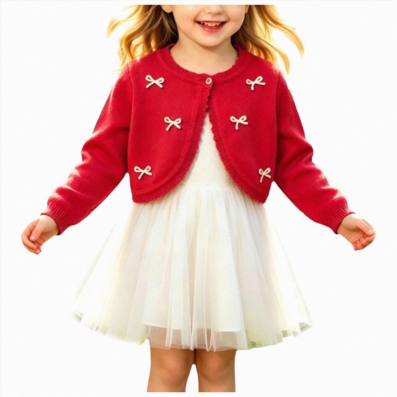 TOWED22 Toddler Girls Cardigan Sweater Bolero Shrug Baby Kids Long Sleeve Cropped Dress Up Button Closure Jacket Tops,Red,5-6 Y