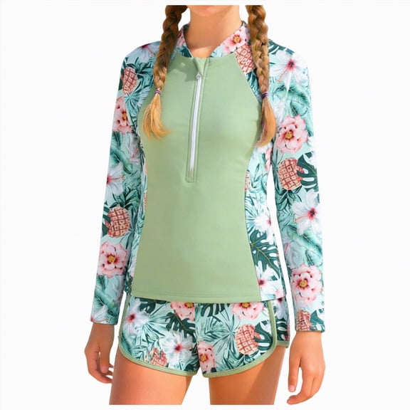 TOWED22 Toddler Girls Long Sleeve Swimsuits Girl Swimwear Little Girls Swimsuits 2 Pieces Toddler Rash Guard Swimsuit Print Light Green,9-10 Y