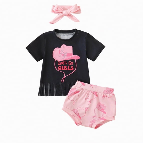 TOWED22 Toddler Girls Summer Clothes Baby Kids 1T 2T 3T 4T Short Sleeve Letter T-Shirt Tops + Shorts Outfits Sets Black,6-12 M